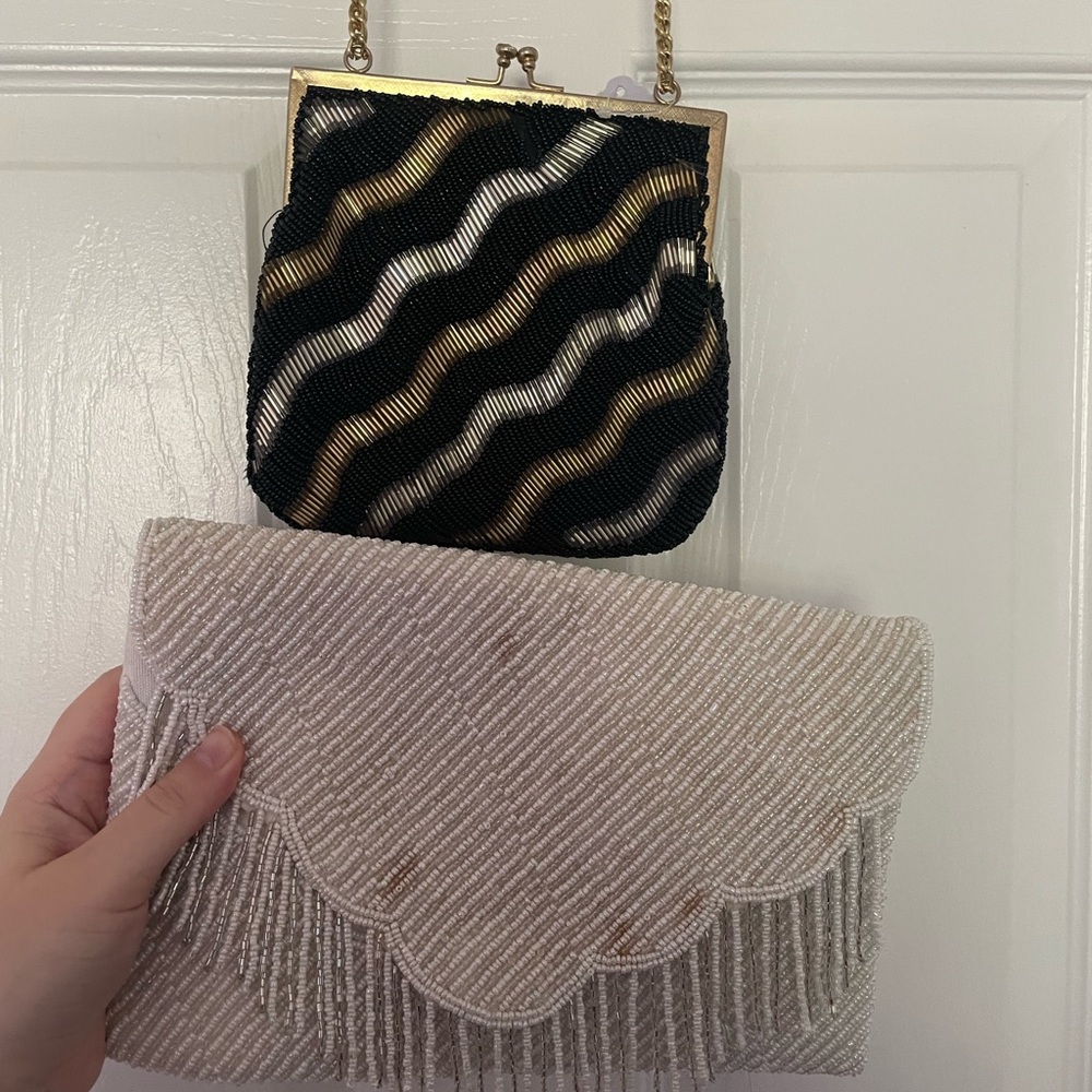 Elegant Black and Gold Wave Pattern Beaded Bag and White Beaded Bag/Clutch